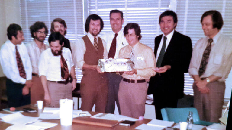 "Scientific Time Sharing Corporation's Management Committee circa 1975, from left to right: Al Rose, Larry Breed, Phil Abrams (front), Martin Gardner (rear), Roy Sykes, Dan Dyer, Bob Smith, Ed Garner, Bob Fick (missing: Pat Gehl)" - Roy Sykes